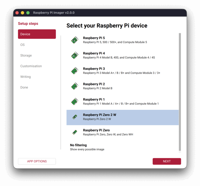 Select Raspberry Pi Zero 2 W from the device list