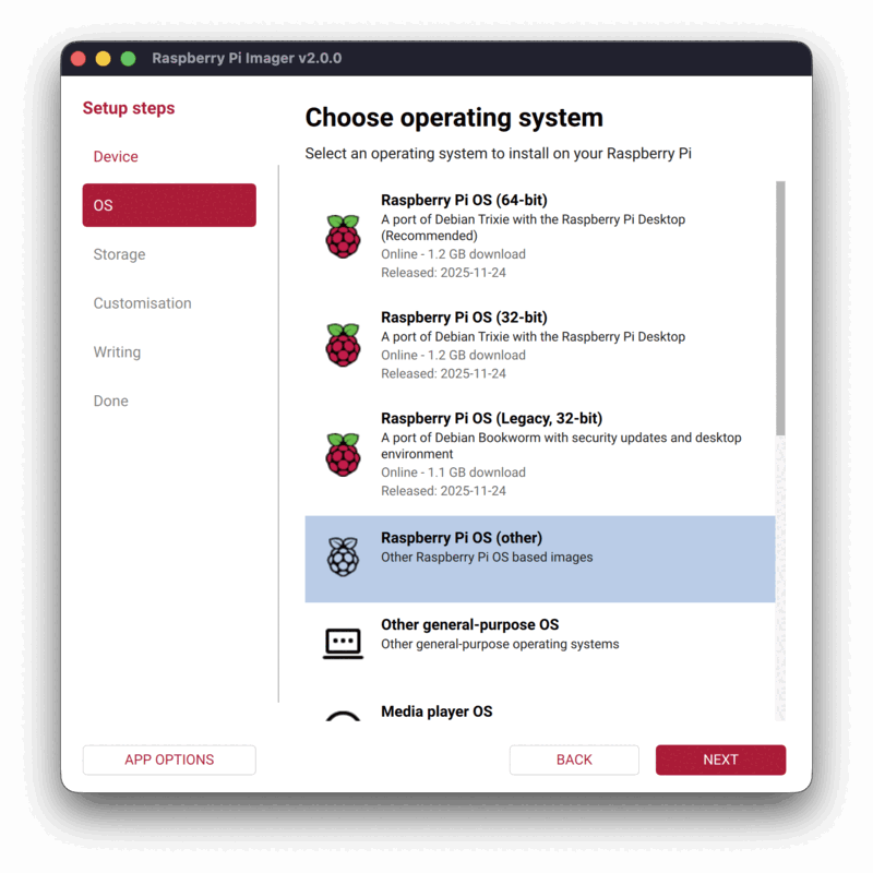 Choose operating system - select Raspberry Pi OS (other)