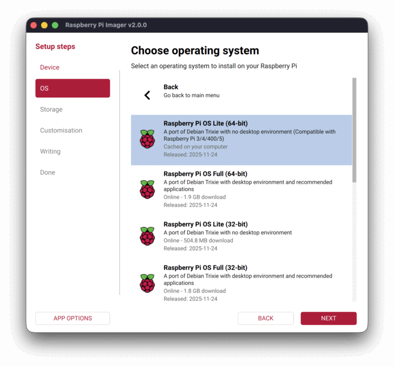 Select Raspberry Pi OS Lite (64-bit) - no desktop environment